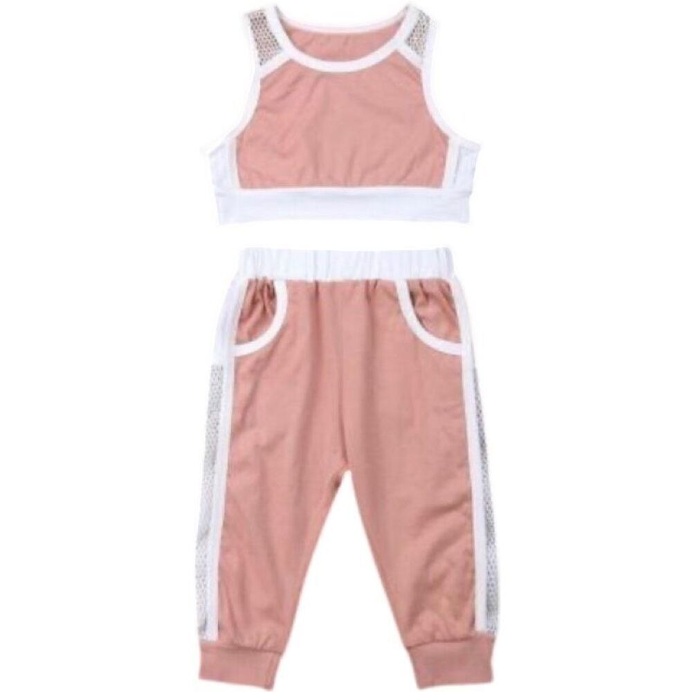 Toddler Peach Two Piece Fashion Outfit Joggers Midriff Tank Netted Accent Size 3
